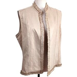 Tanjay Plus  Women's Sleeveless Linen Blend Vest Ruffle Trim Beige Size 14